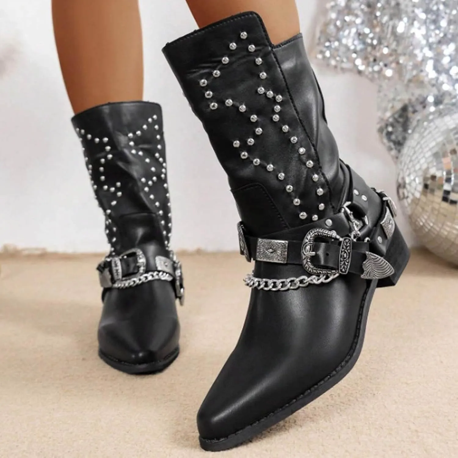 AMDBEL Mid Calf Boots for Women Low Heel Fall Boots for Women 2024 Punk Black Pointed Toe Boots Walking Booties Winter Shoes