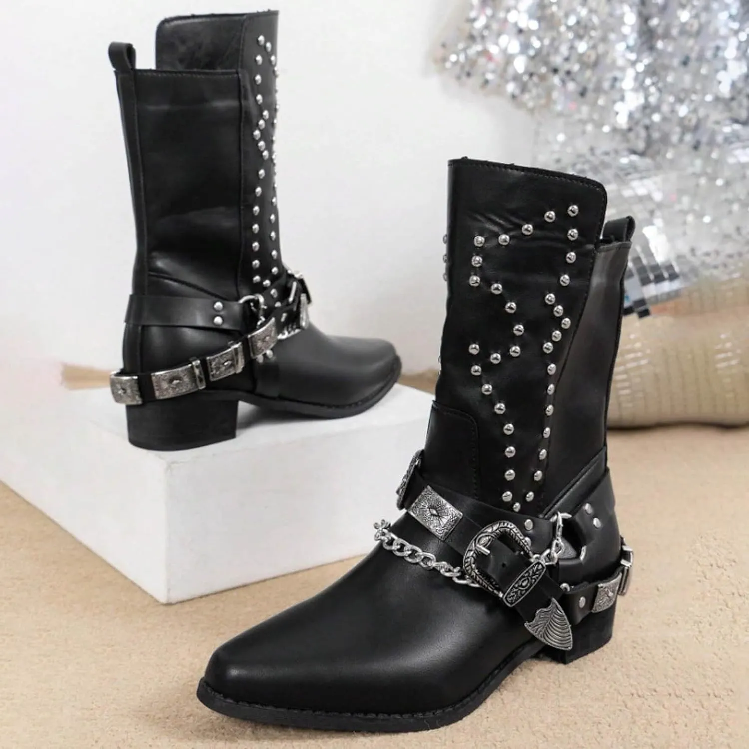 AMDBEL Mid Calf Boots for Women Low Heel Fall Boots for Women 2024 Punk Black Pointed Toe Boots Walking Booties Winter Shoes