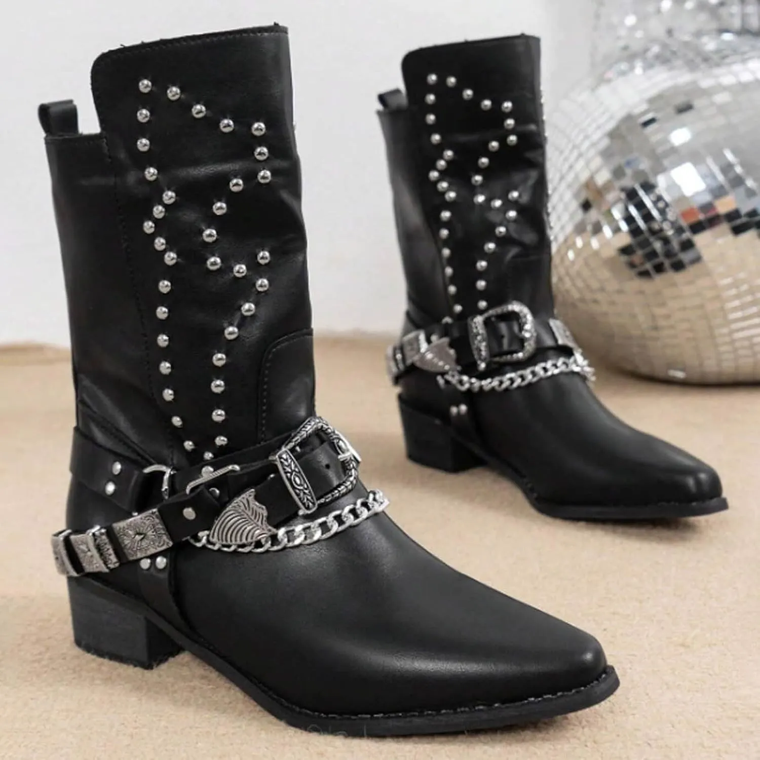 AMDBEL Mid Calf Boots for Women Low Heel Fall Boots for Women 2024 Punk Black Pointed Toe Boots Walking Booties Winter Shoes