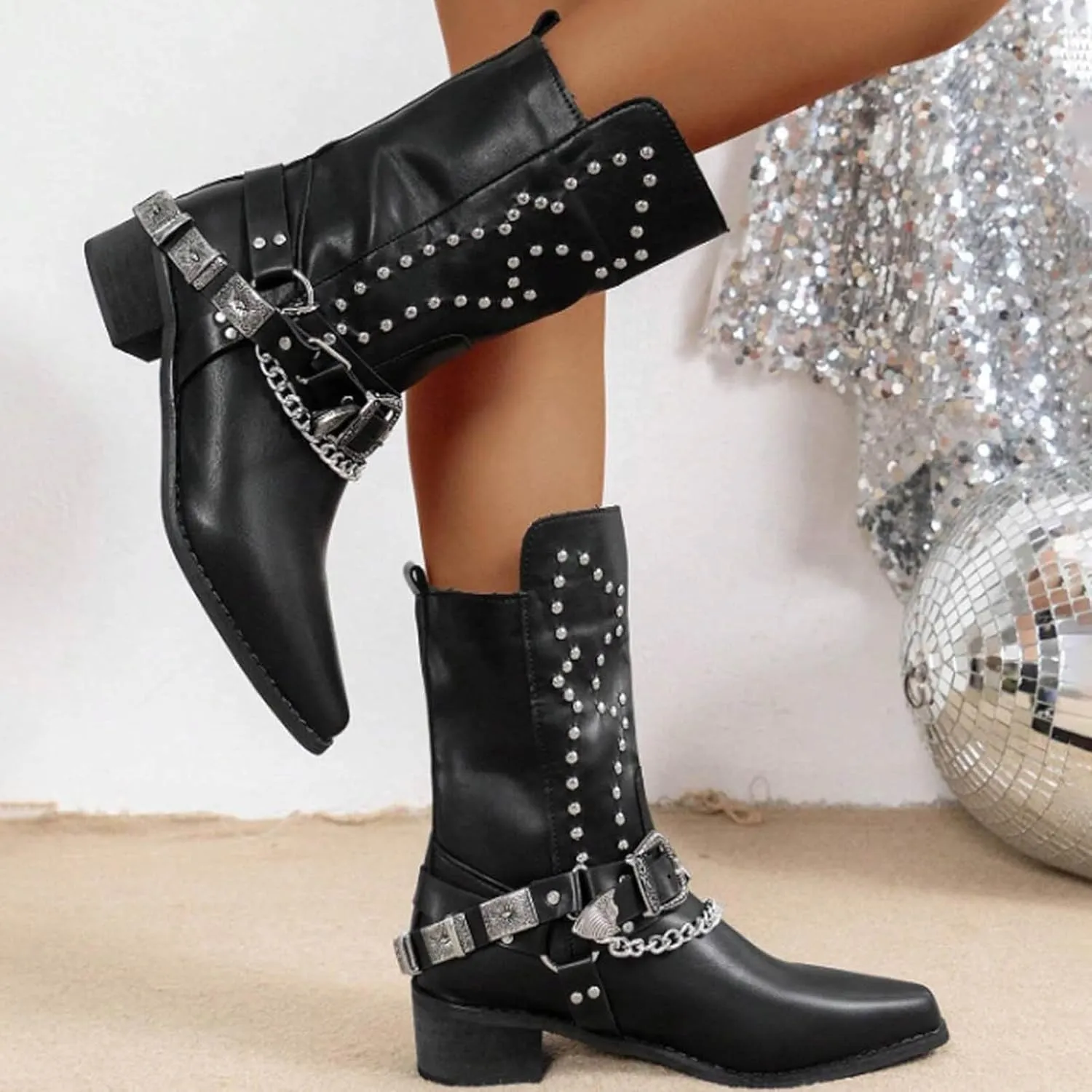 AMDBEL Mid Calf Boots for Women Low Heel Fall Boots for Women 2024 Punk Black Pointed Toe Boots Walking Booties Winter Shoes