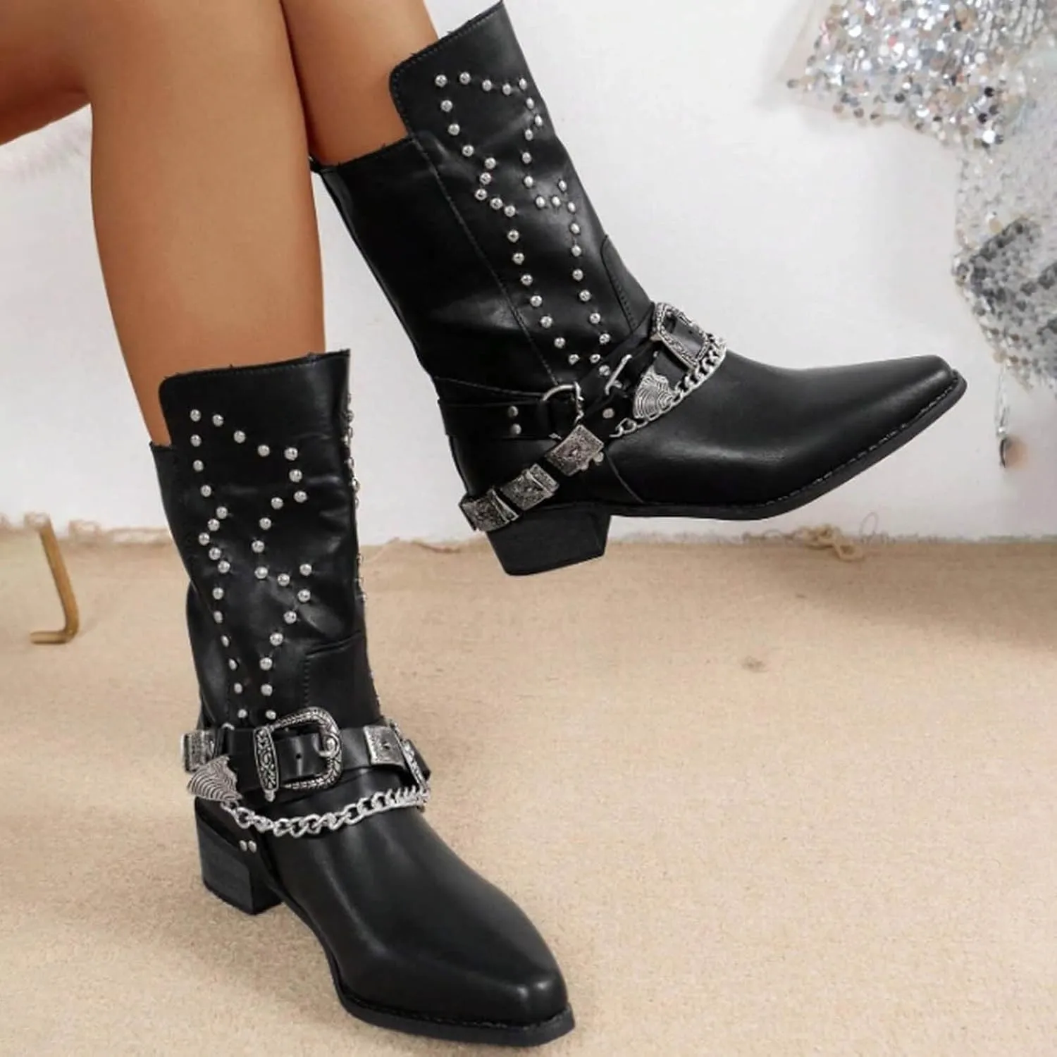 AMDBEL Mid Calf Boots for Women Low Heel Fall Boots for Women 2024 Punk Black Pointed Toe Boots Walking Booties Winter Shoes