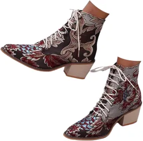 Ankle Boots for Women Retro Printed Pointed Toe Lace-up Embroidered Cowboy Boots for Women Western Ankle Shaft Boot Bootie