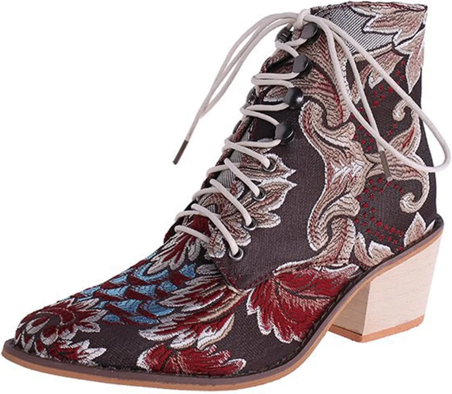 Ankle Boots for Women Retro Printed Pointed Toe Lace-up Embroidered Cowboy Boots for Women Western Ankle Shaft Boot Bootie