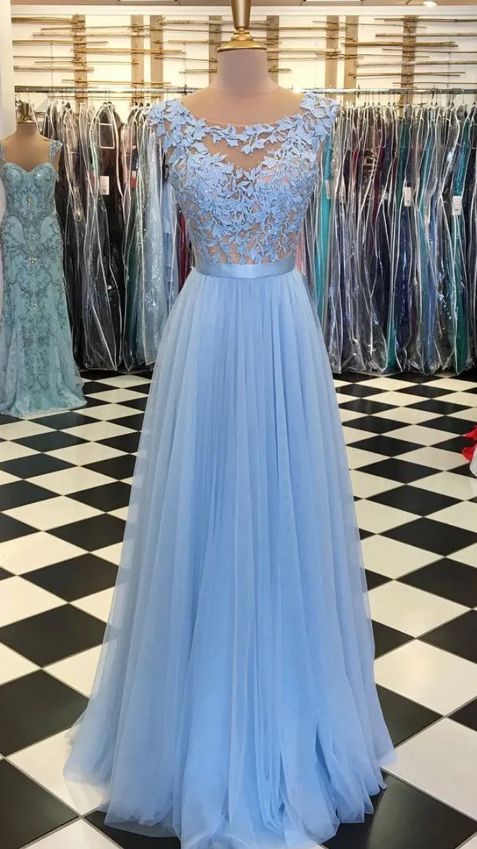 Blue round neck tulle lace applique long prom dress, blue evening dress