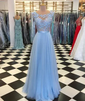 Blue round neck tulle lace applique long prom dress, blue evening dress