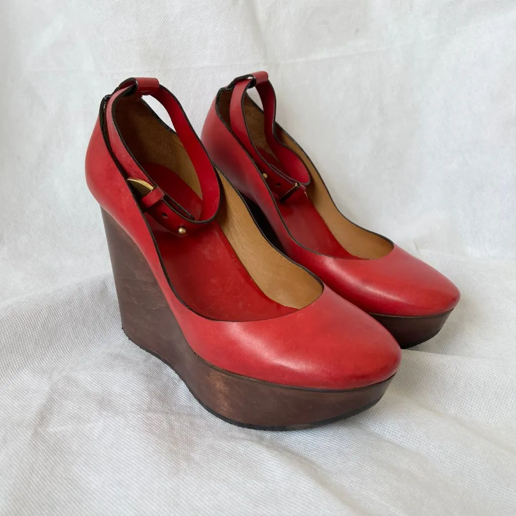 Chloe Red Leather Ankle Wrap Wedge Shoes, Women's 36.5