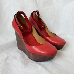 Chloe Red Leather Ankle Wrap Wedge Shoes, Women's 36.5