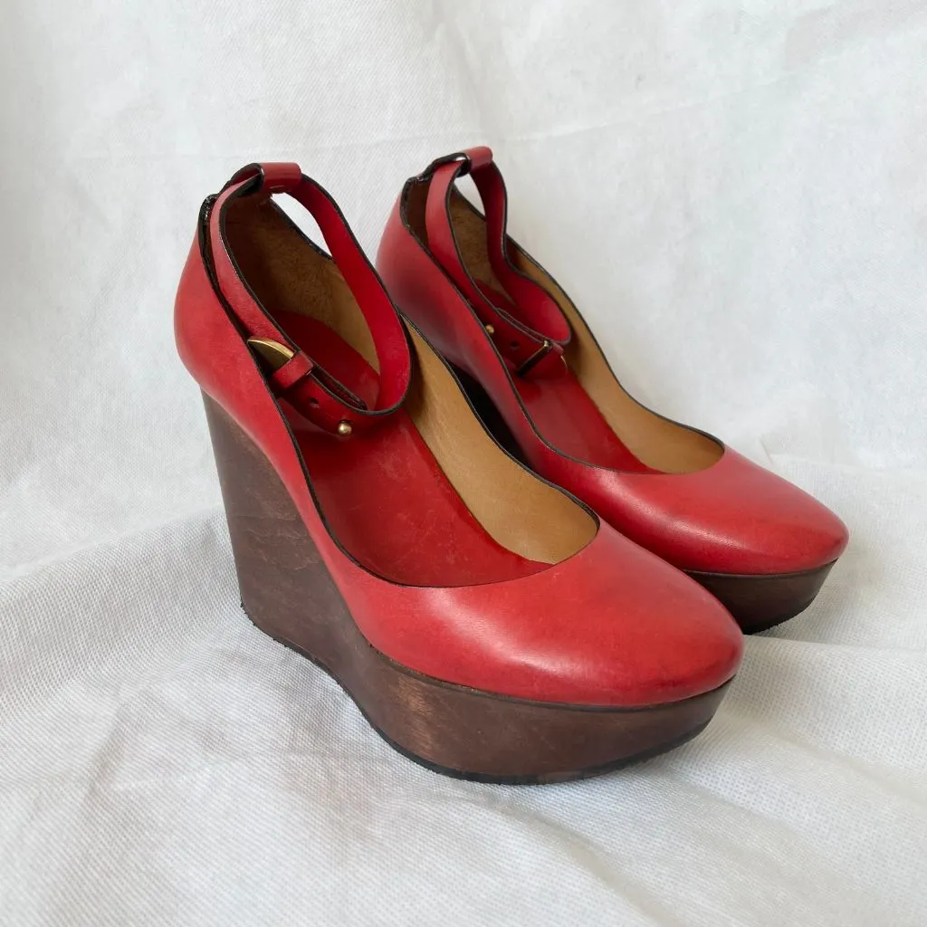 Chloe Red Leather Ankle Wrap Wedge Shoes, Women's 36.5