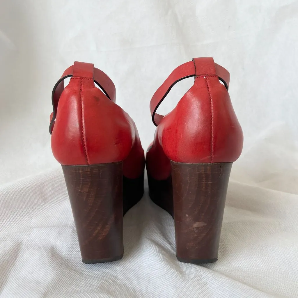 Chloe Red Leather Ankle Wrap Wedge Shoes, Women's 36.5