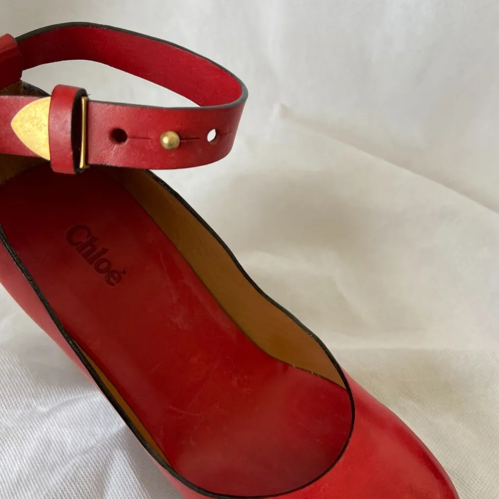 Chloe Red Leather Ankle Wrap Wedge Shoes, Women's 36.5