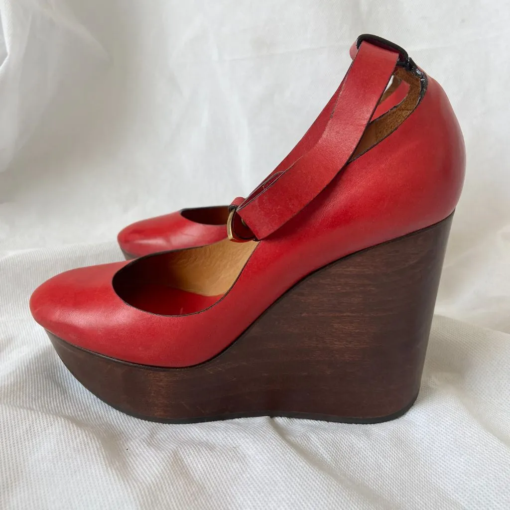 Chloe Red Leather Ankle Wrap Wedge Shoes, Women's 36.5