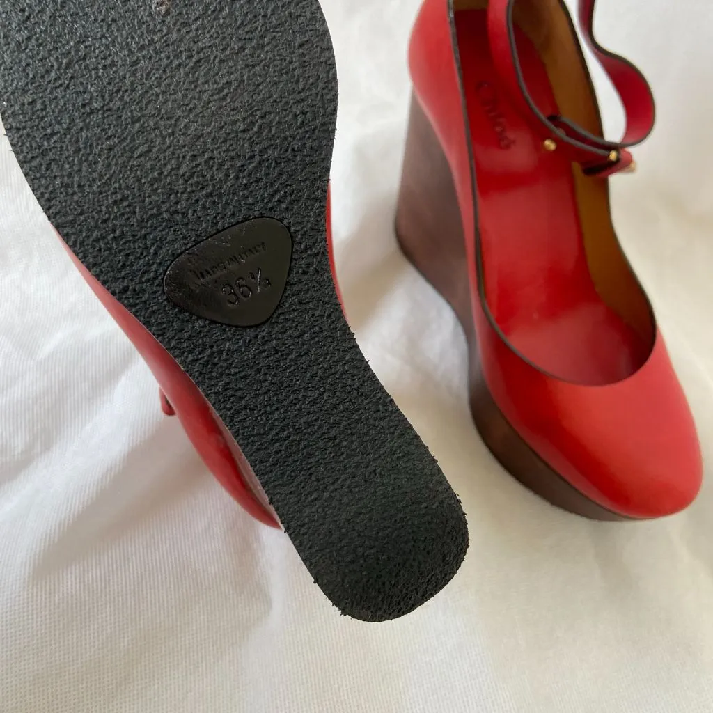 Chloe Red Leather Ankle Wrap Wedge Shoes, Women's 36.5