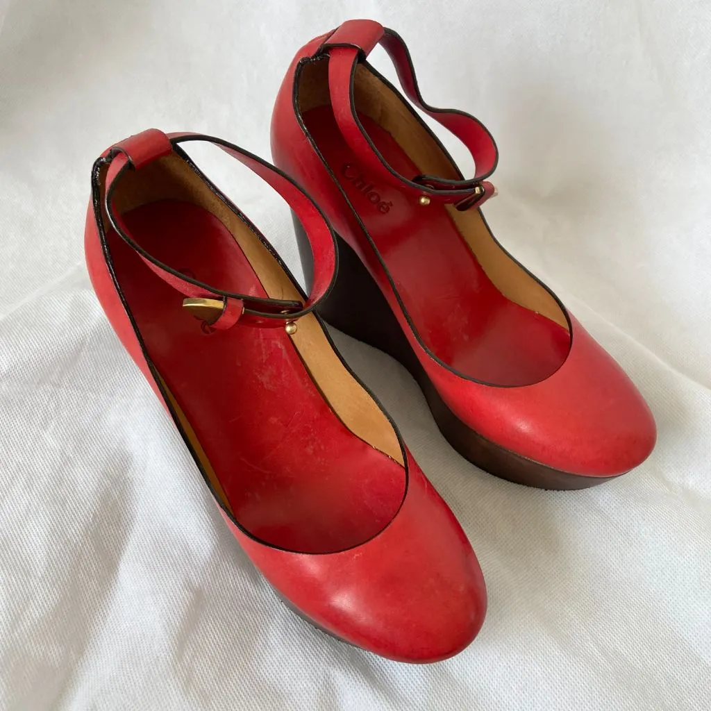 Chloe Red Leather Ankle Wrap Wedge Shoes, Women's 36.5