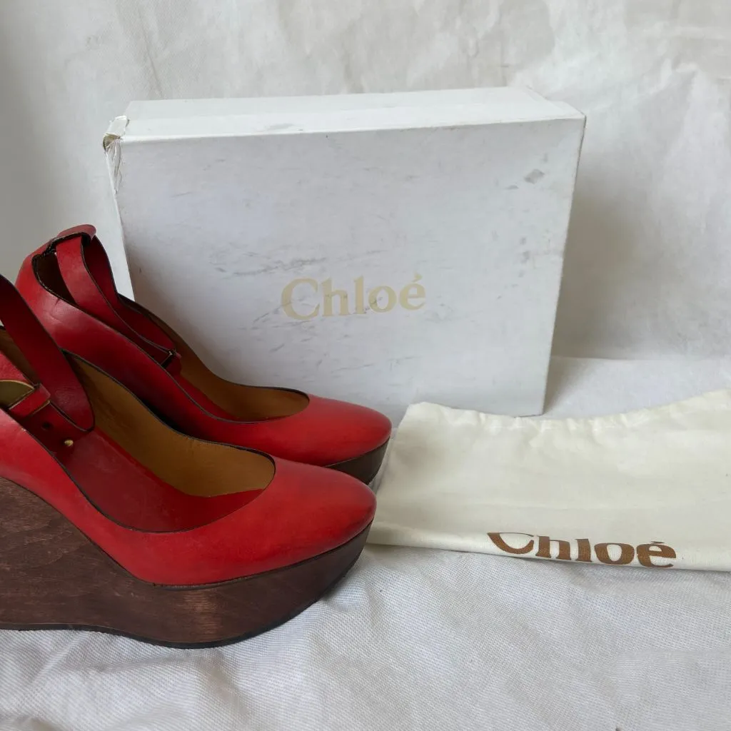 Chloe Red Leather Ankle Wrap Wedge Shoes, Women's 36.5