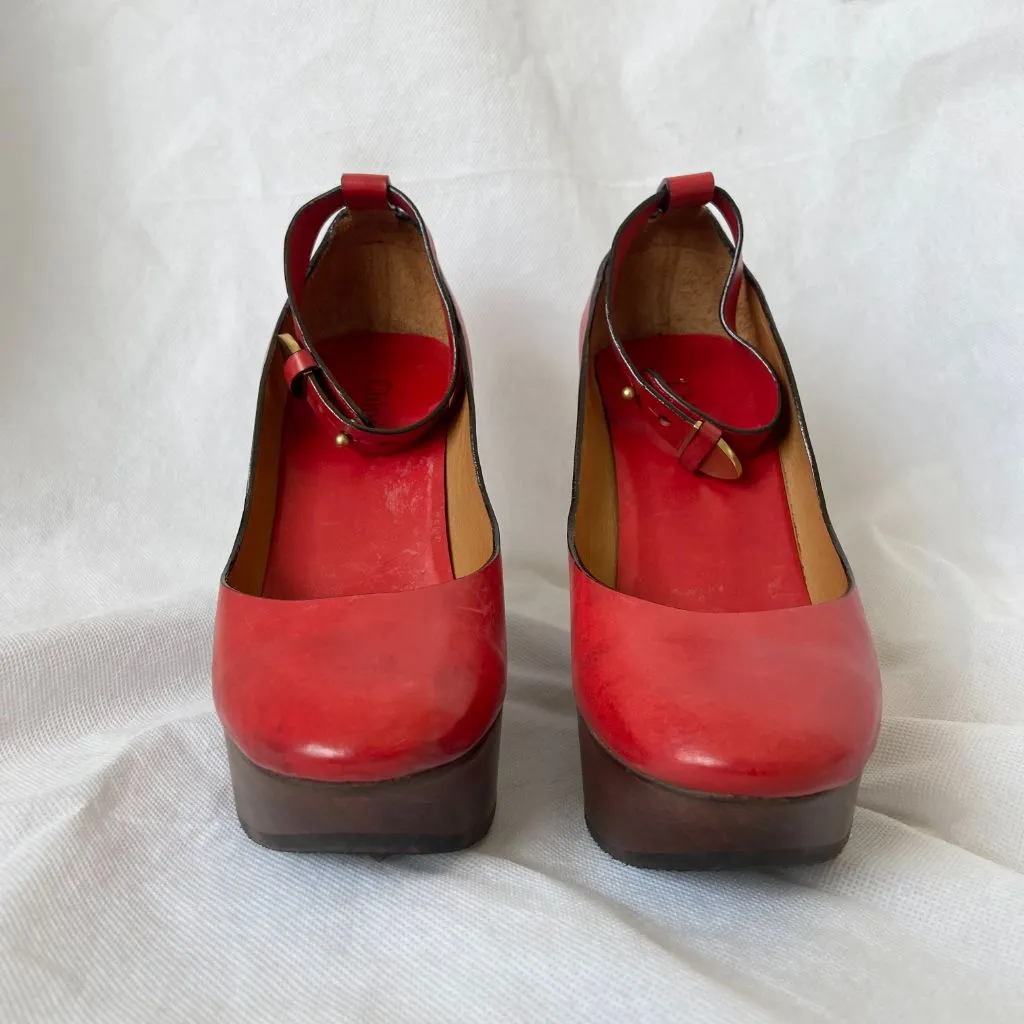 Chloe Red Leather Ankle Wrap Wedge Shoes, Women's 36.5