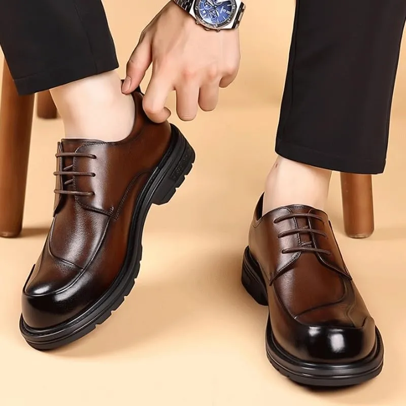 Fashion Plain Toe Lace up Low Top Formal Business Office Derby Shoes Comfortable Round Toe Flat Bottom Non-Slip Slip-On Driving Shoes