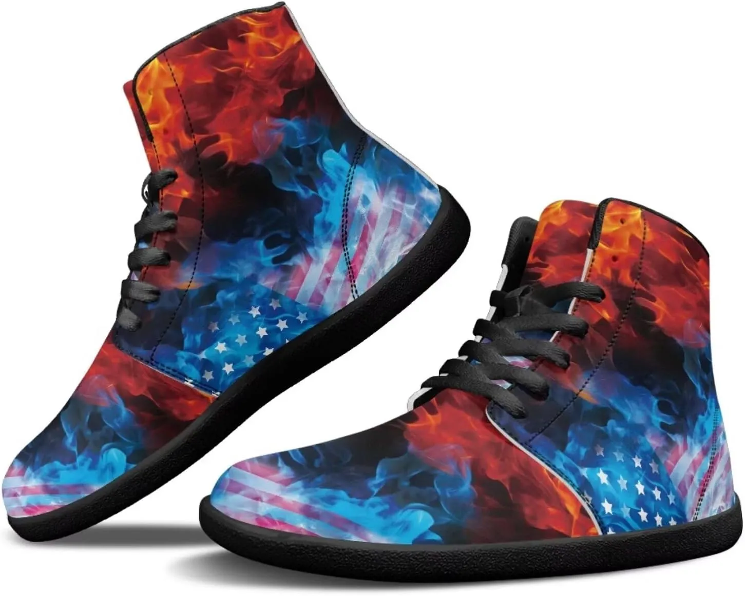Fire Flame Barefoot Shoes for Men Leather High Top Barefoot Sneaker Wide Toe Box Walking Shoes Zero Drop Sole Minimalist Footwear