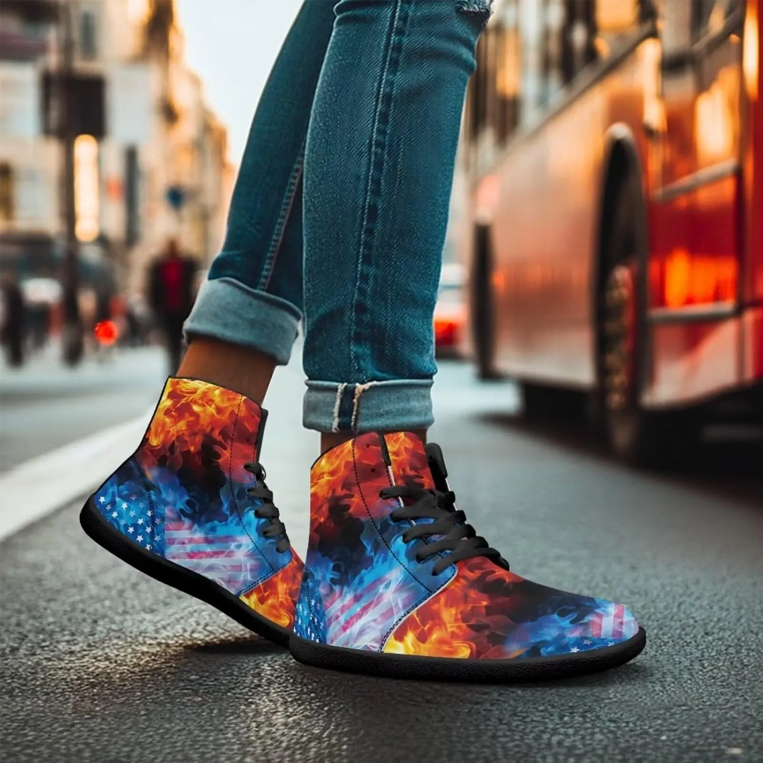 Fire Flame Barefoot Shoes for Men Leather High Top Barefoot Sneaker Wide Toe Box Walking Shoes Zero Drop Sole Minimalist Footwear