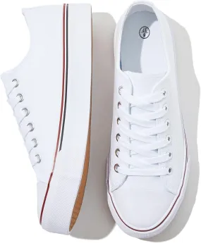 FRACORA Womens White Canvas Sneakers Low Top Lace Up Canvas Shoes Fashion Comfortable