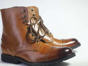 Handmade Brown Cap Toe Leather Lace Up Boots, Men Ankle High Designer Boots