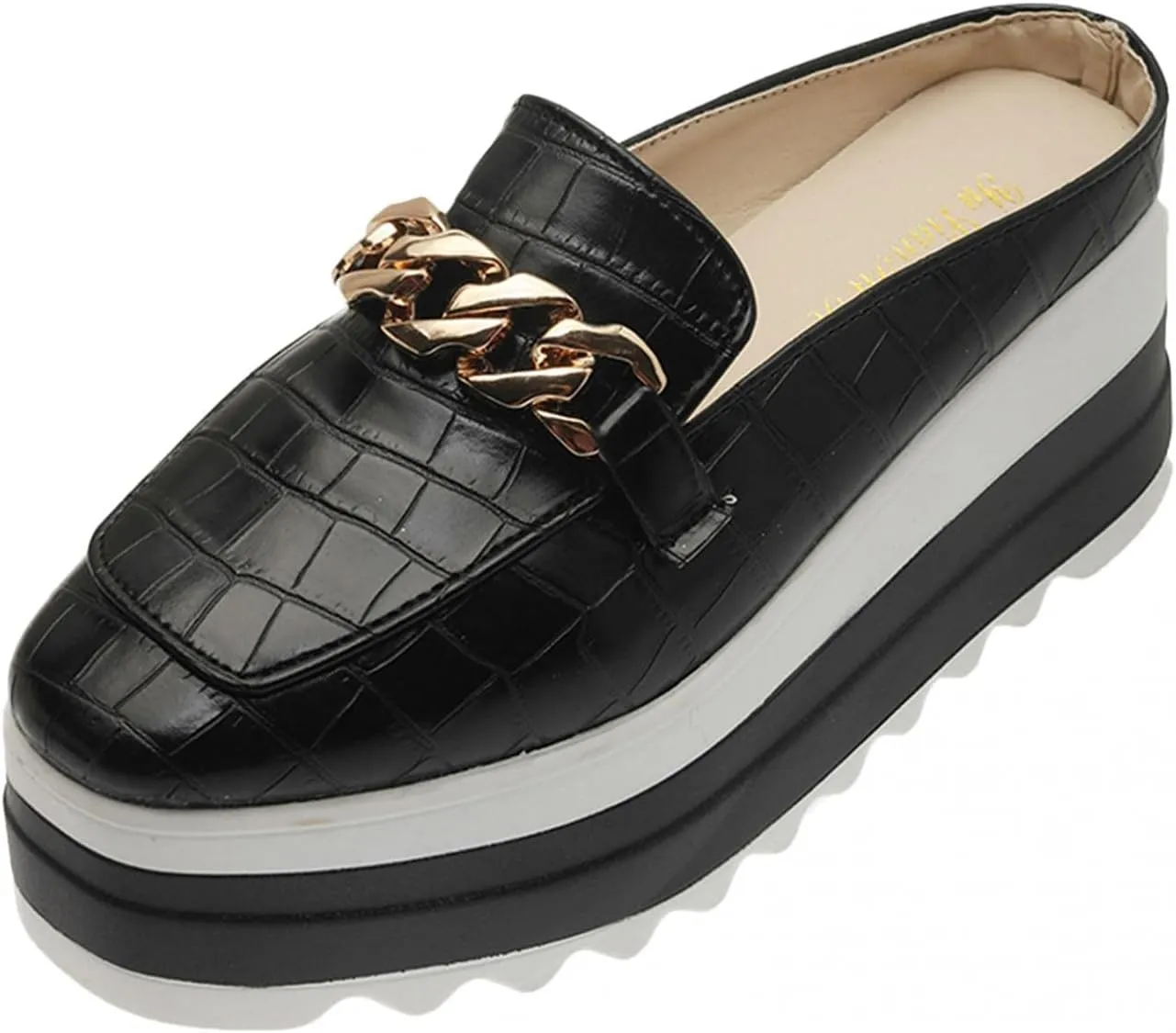 Hbeylia Platfoam Mule Shoes For Women Ladies Fashion Casual Faux Snake Leather Metal Chain Round Toe Chunky Bottom High Heels Slip On Flats Dressy Slippers Fall Dress Oxfords Slider Shoes