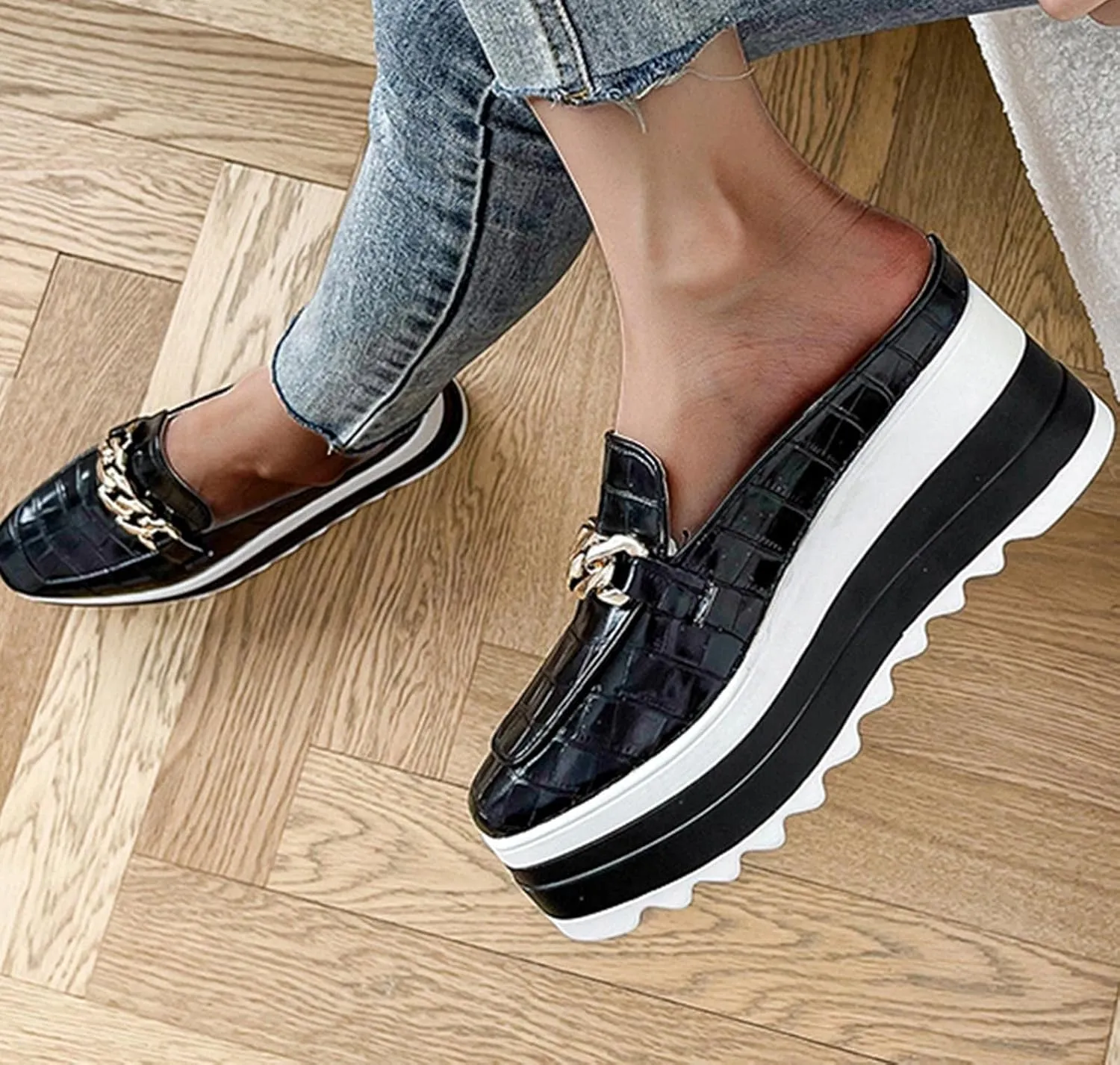 Hbeylia Platfoam Mule Shoes For Women Ladies Fashion Casual Faux Snake Leather Metal Chain Round Toe Chunky Bottom High Heels Slip On Flats Dressy Slippers Fall Dress Oxfords Slider Shoes