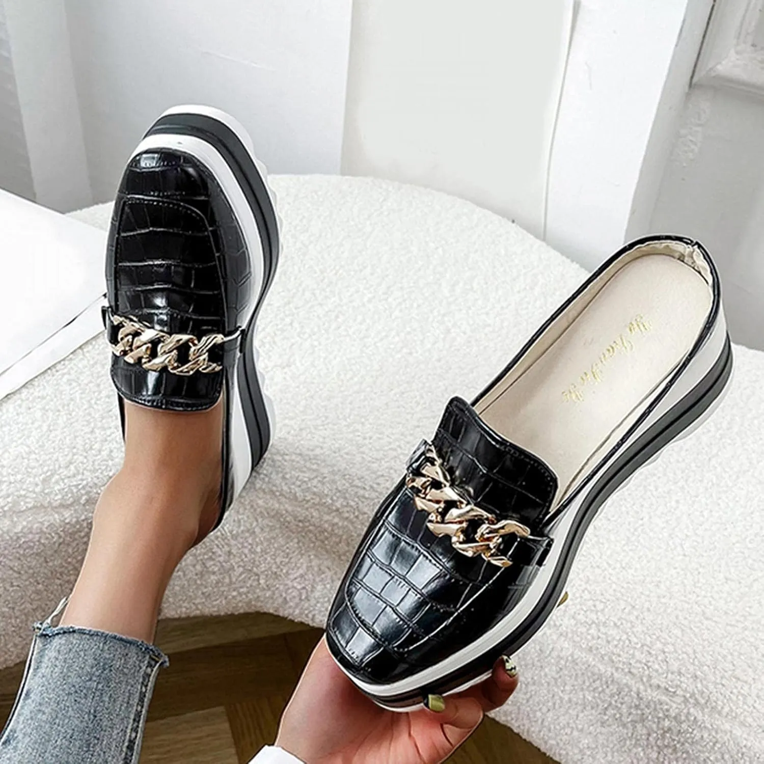 Hbeylia Platfoam Mule Shoes For Women Ladies Fashion Casual Faux Snake Leather Metal Chain Round Toe Chunky Bottom High Heels Slip On Flats Dressy Slippers Fall Dress Oxfords Slider Shoes