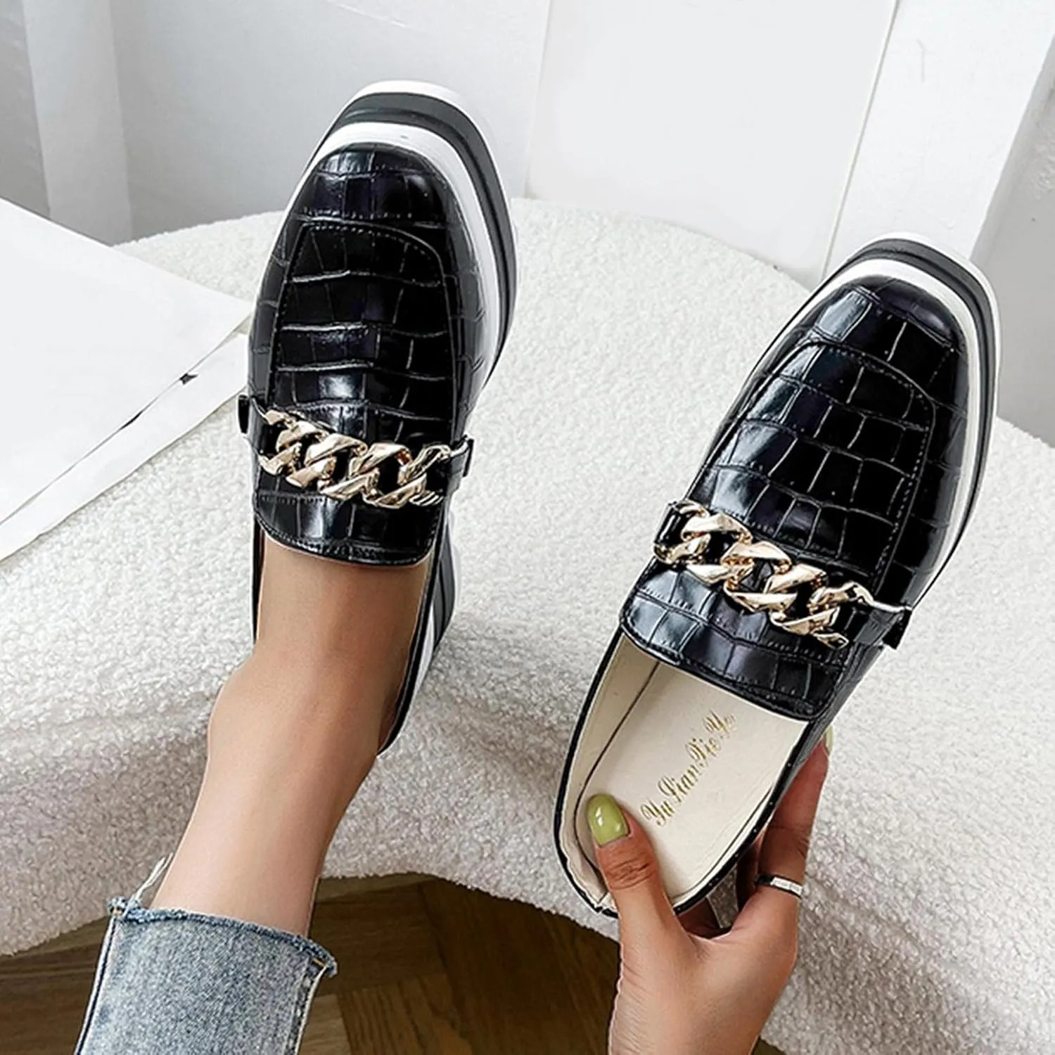 Hbeylia Platfoam Mule Shoes For Women Ladies Fashion Casual Faux Snake Leather Metal Chain Round Toe Chunky Bottom High Heels Slip On Flats Dressy Slippers Fall Dress Oxfords Slider Shoes
