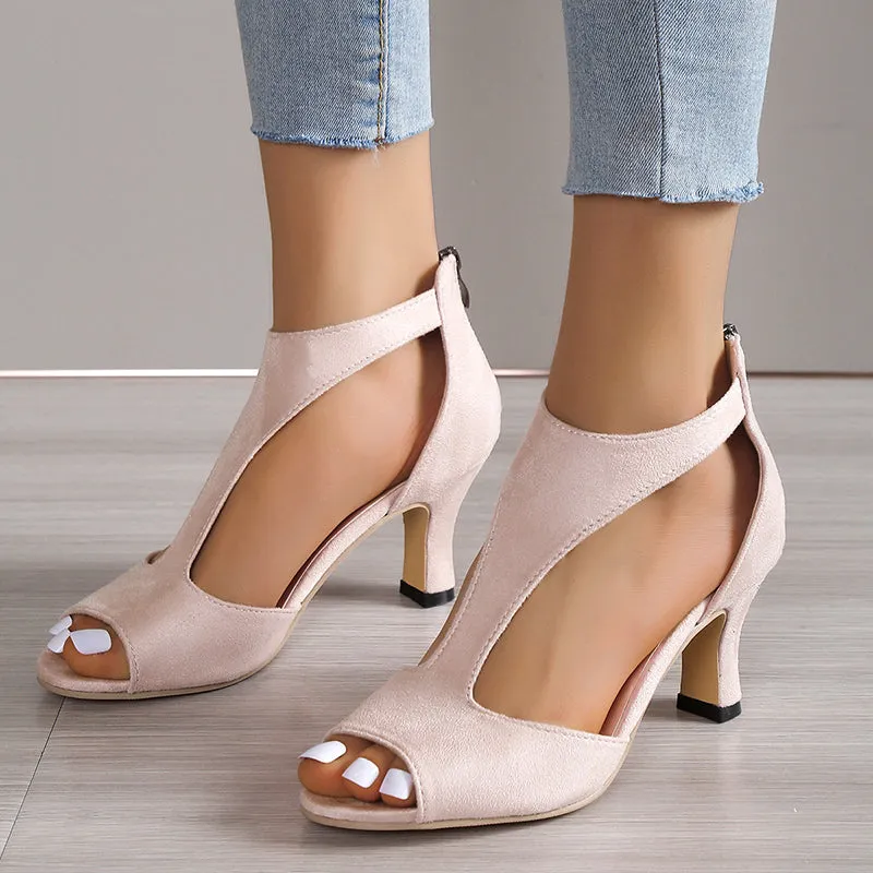 Kitten heel sandals hollow back zipper peep toe sandals
