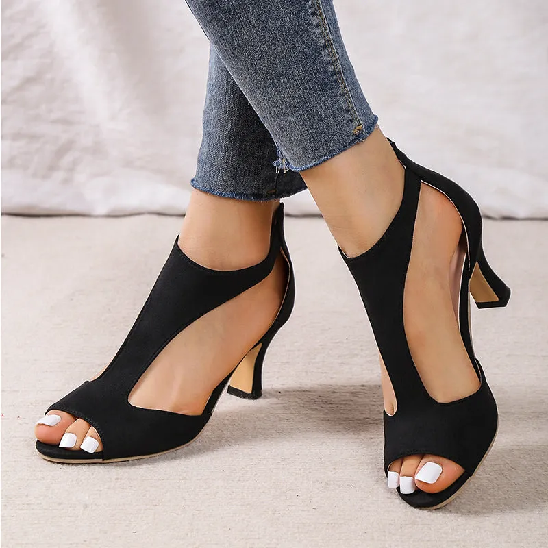 Kitten heel sandals hollow back zipper peep toe sandals