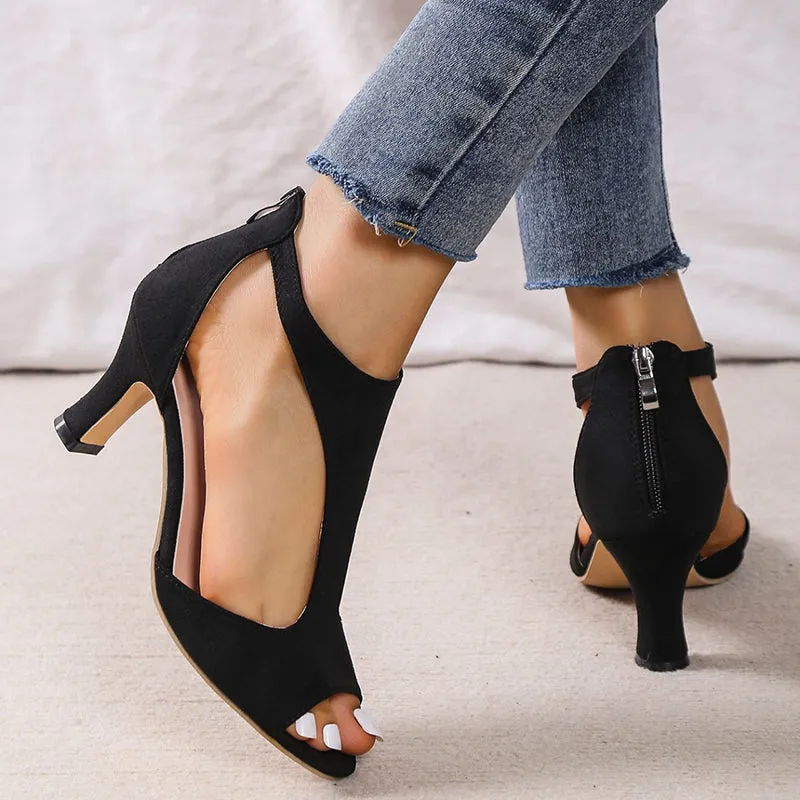 Kitten heel sandals hollow back zipper peep toe sandals