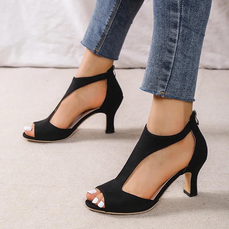 Kitten heel sandals hollow back zipper peep toe sandals