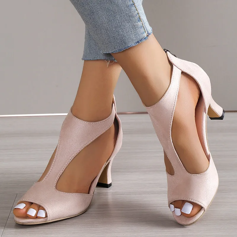 Kitten heel sandals hollow back zipper peep toe sandals