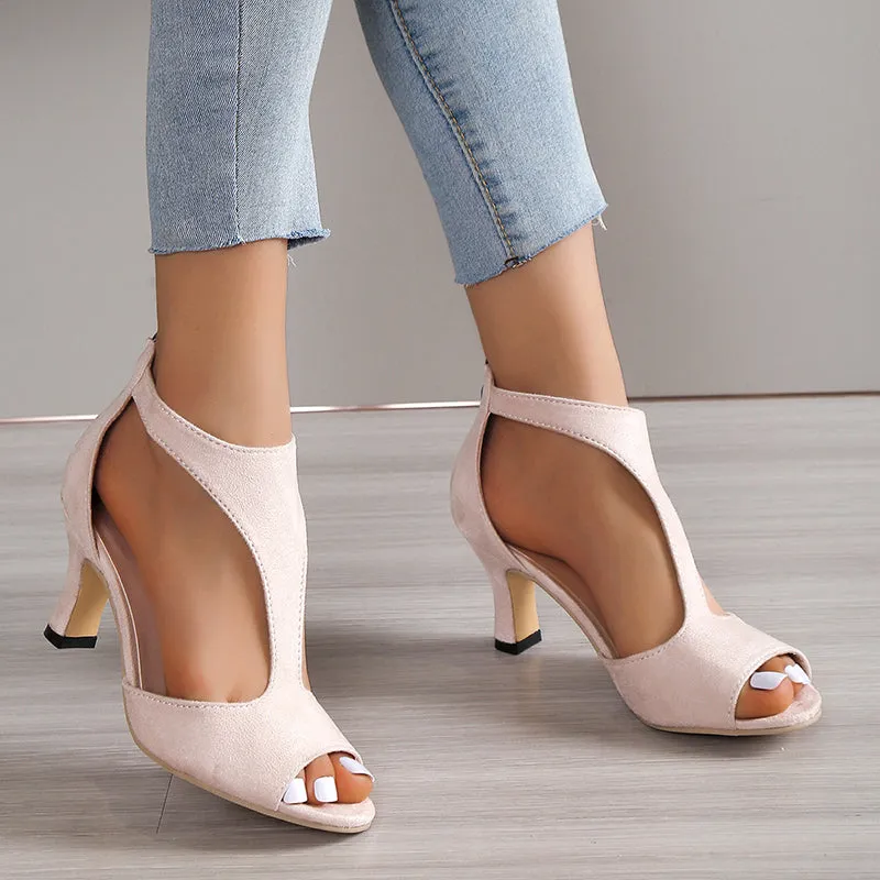 Kitten heel sandals hollow back zipper peep toe sandals