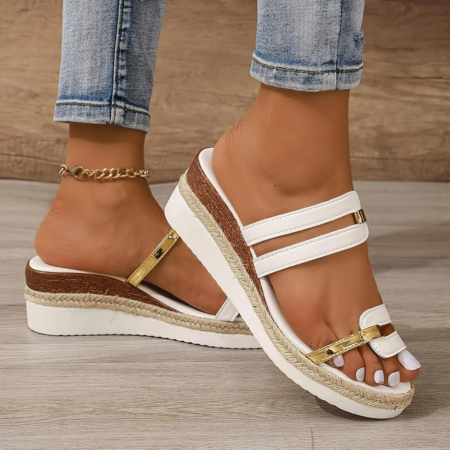 Ladies Summer Casual Colour Blocking Soft Leather Woven Straw Bottom Dress Sandals for Women Low Heel Slippers