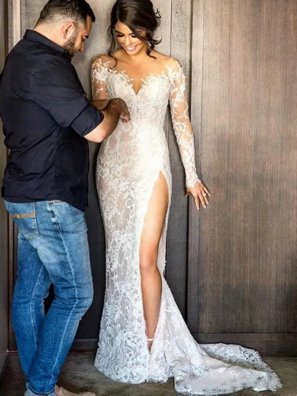 Luxury Lace Side-slit Mermaid with Detachable A-line Satin Wedding Dress, PD0223