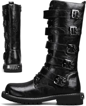 Mens Black Cool Style Eye Catching Buckle Closure High Top Leather Motorcycle Boots Waterproof Non Slip Wear Resistant Durable Stitching Shoes Body Lightweight And Soft Shoes