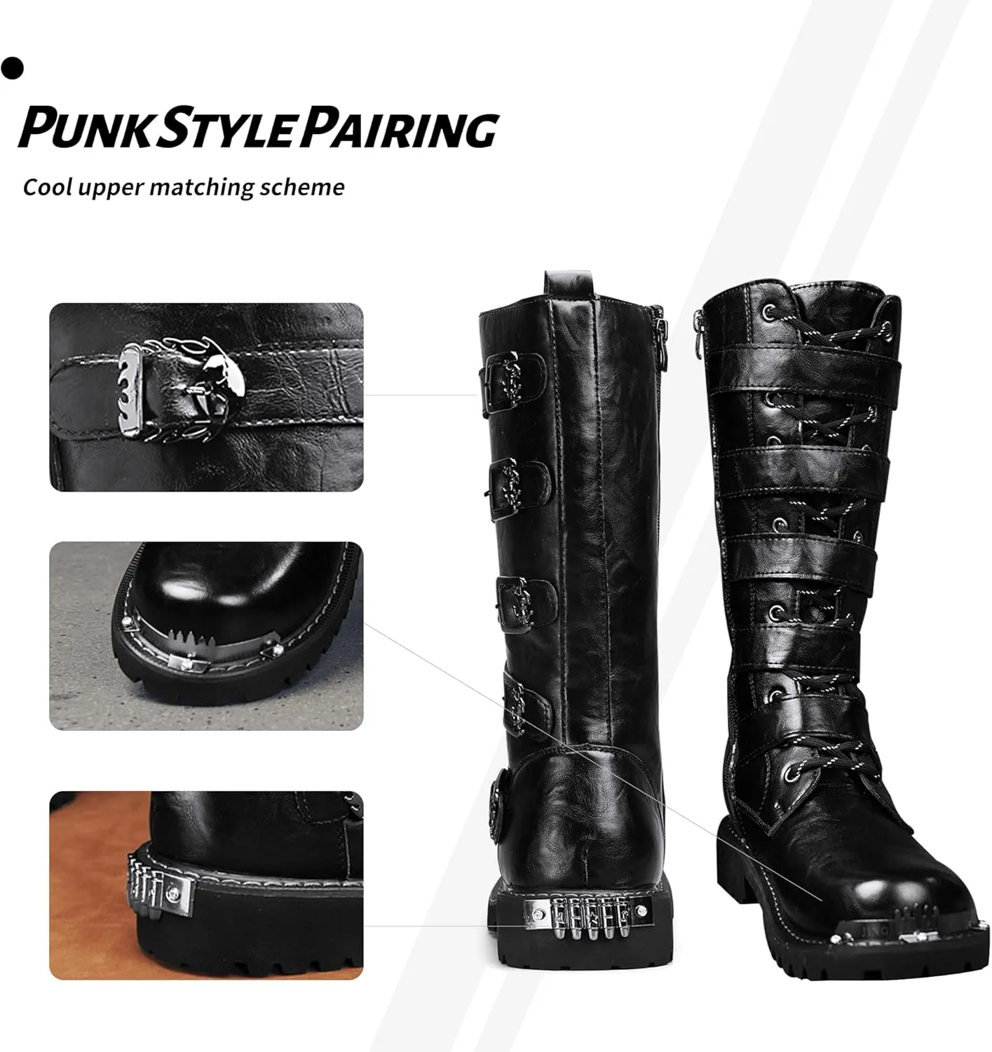 Mens Black Cool Style Eye Catching Buckle Closure High Top Leather Motorcycle Boots Waterproof Non Slip Wear Resistant Durable Stitching Shoes Body Lightweight And Soft Shoes