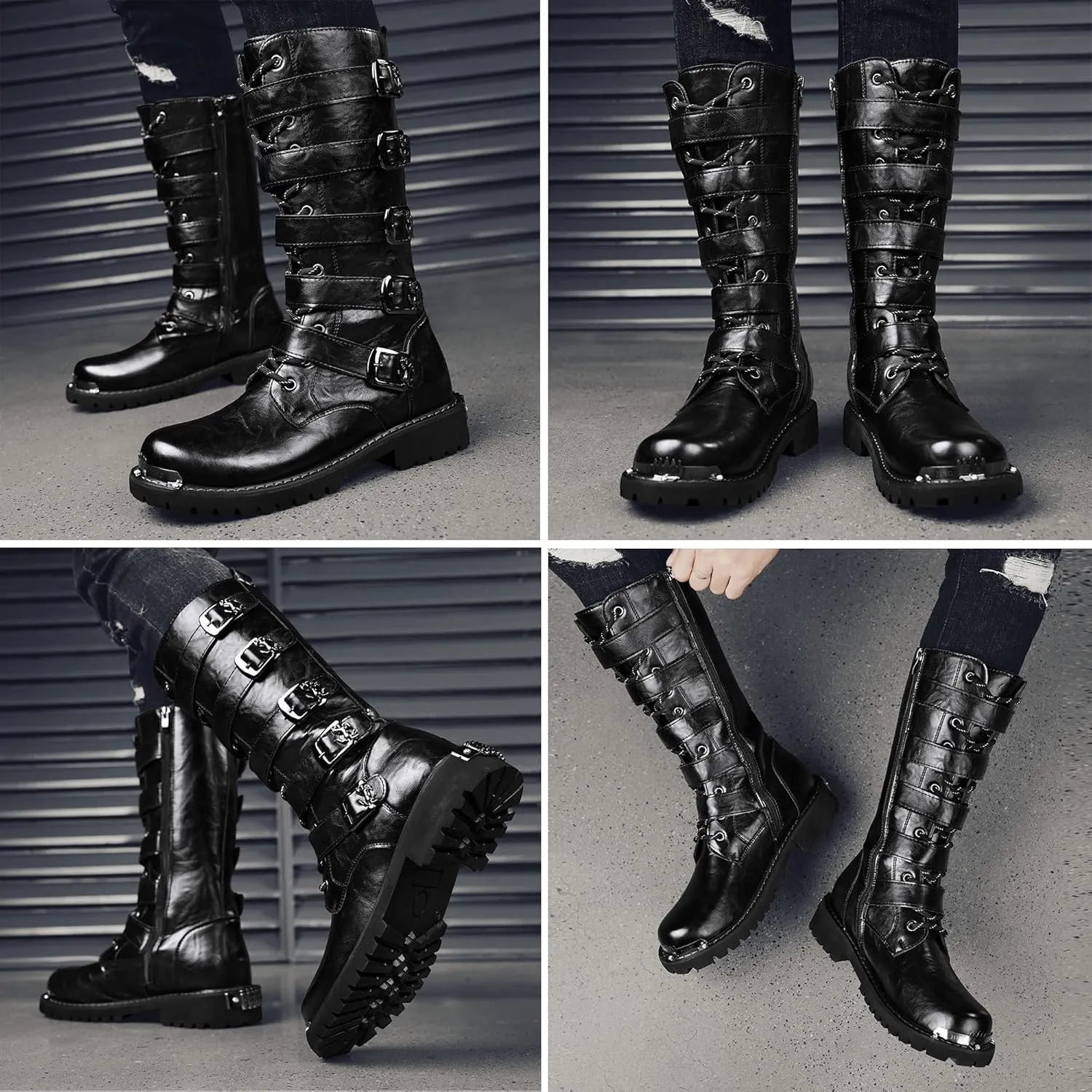 Mens Black Cool Style Eye Catching Buckle Closure High Top Leather Motorcycle Boots Waterproof Non Slip Wear Resistant Durable Stitching Shoes Body Lightweight And Soft Shoes