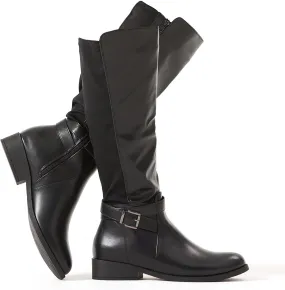 Putu Women's Knee High Riding Boots Flat Heel Tall Boots Round Toe Boots with Buckle Straps