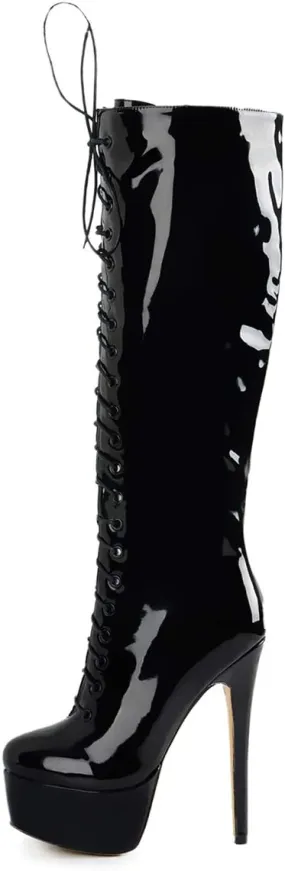 Richealnana Women's Platform Lace Up Stiletto High Heels Knee High Boots
