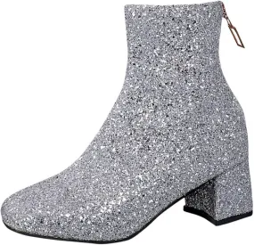 Sinzelimin Ankle Boots for Women's Trendy Flash Party Shoes Chunky Heel Round Toe Back Zipper Wide Mid Calf Cowboy Booties