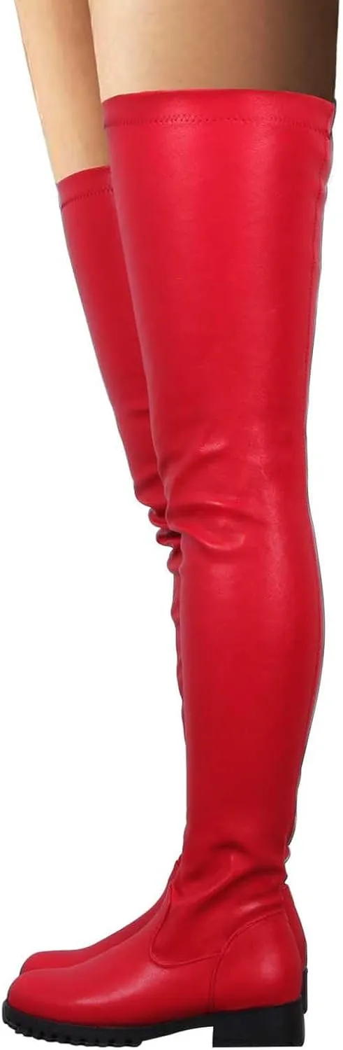 Thigh High Boots Chunky Heel Stretch Over The Knee Long Boots Sexy Fall Winter Fashion Round Toe Booties with Zipper