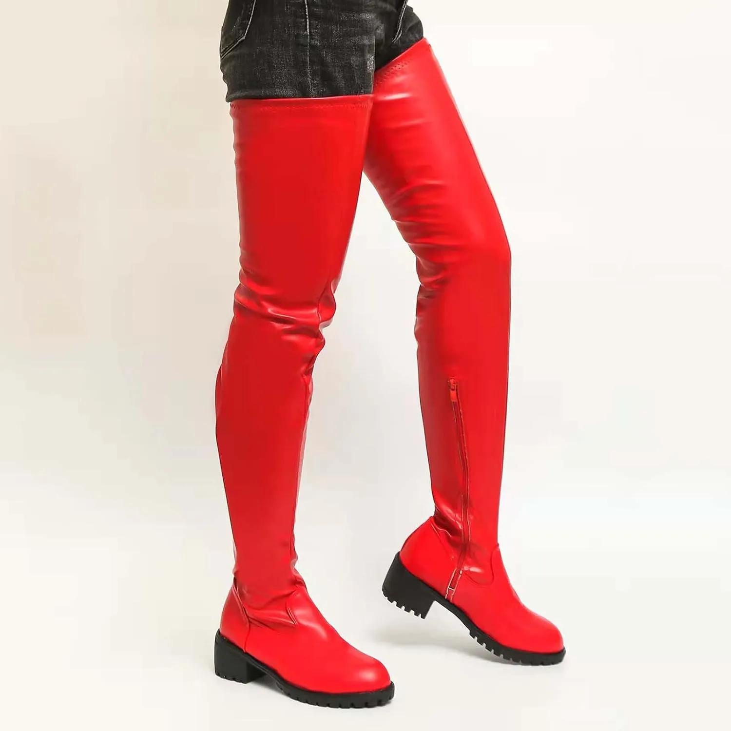 Thigh High Boots Chunky Heel Stretch Over The Knee Long Boots Sexy Fall Winter Fashion Round Toe Booties with Zipper