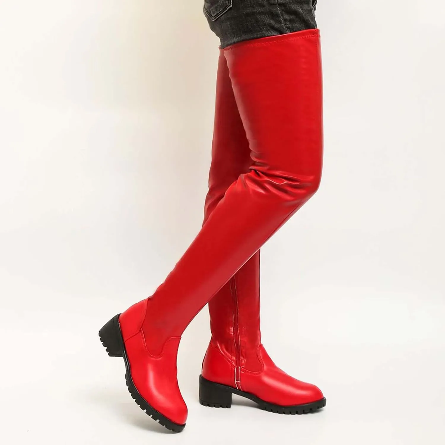 Thigh High Boots Chunky Heel Stretch Over The Knee Long Boots Sexy Fall Winter Fashion Round Toe Booties with Zipper