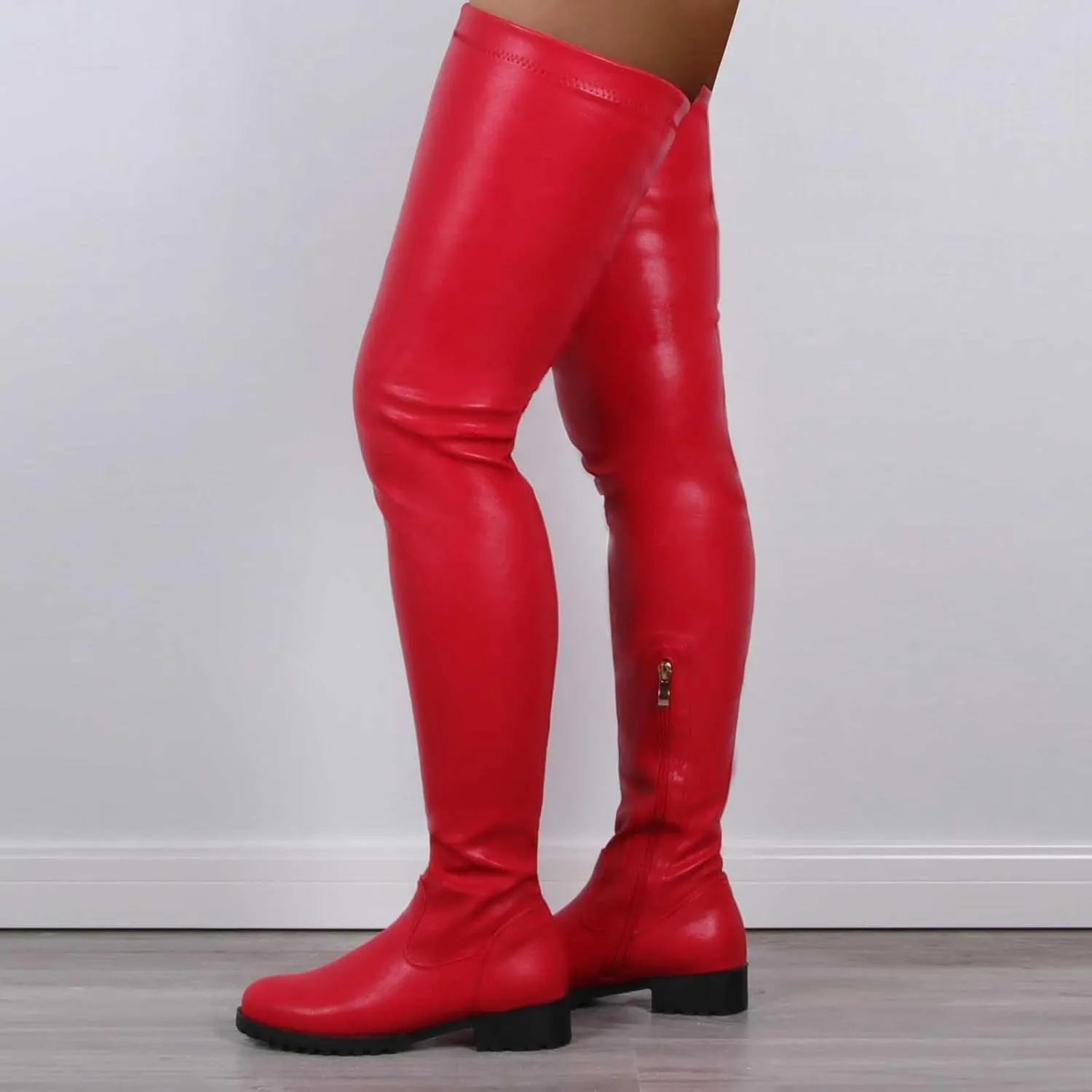 Thigh High Boots Chunky Heel Stretch Over The Knee Long Boots Sexy Fall Winter Fashion Round Toe Booties with Zipper