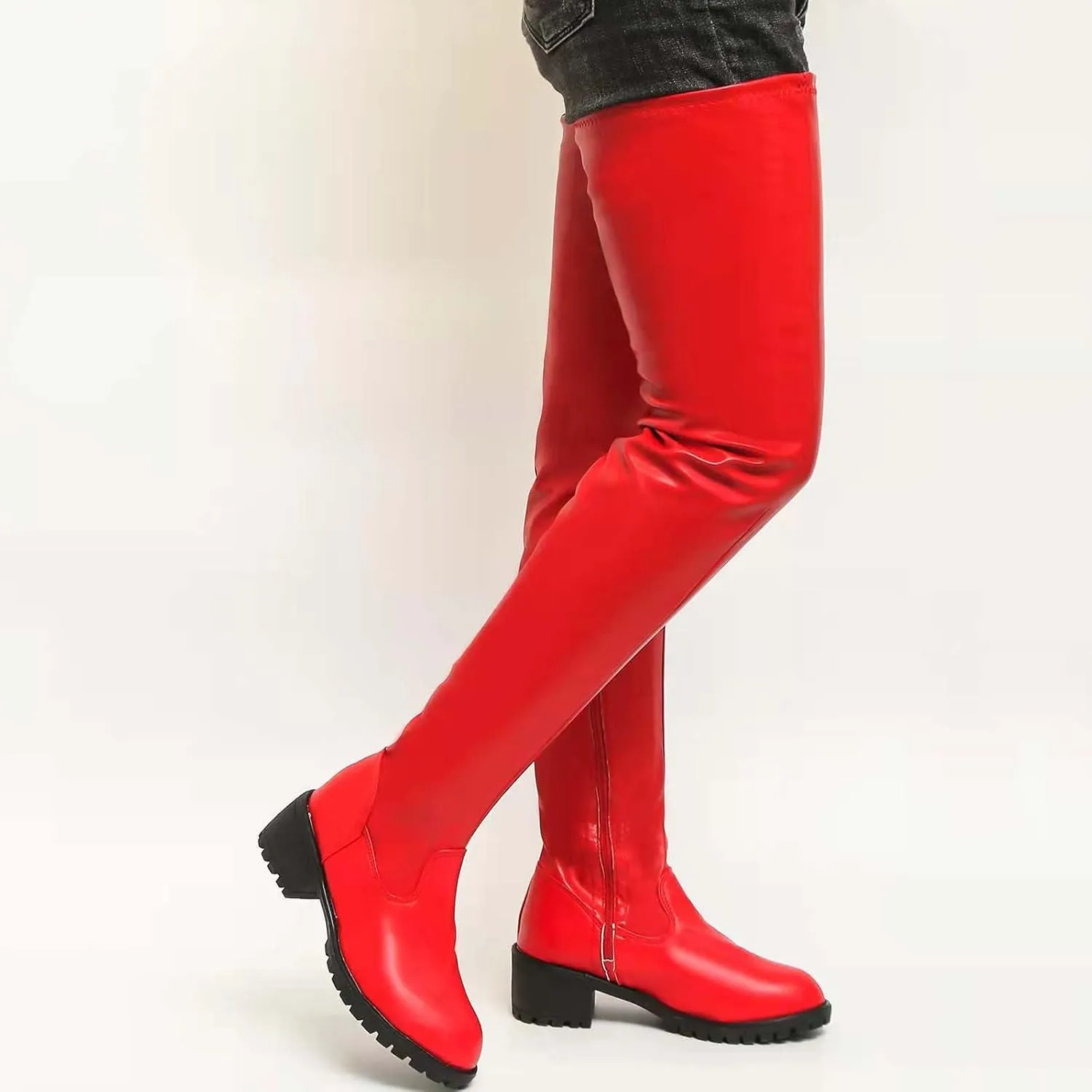Thigh High Boots Chunky Heel Stretch Over The Knee Long Boots Sexy Fall Winter Fashion Round Toe Booties with Zipper