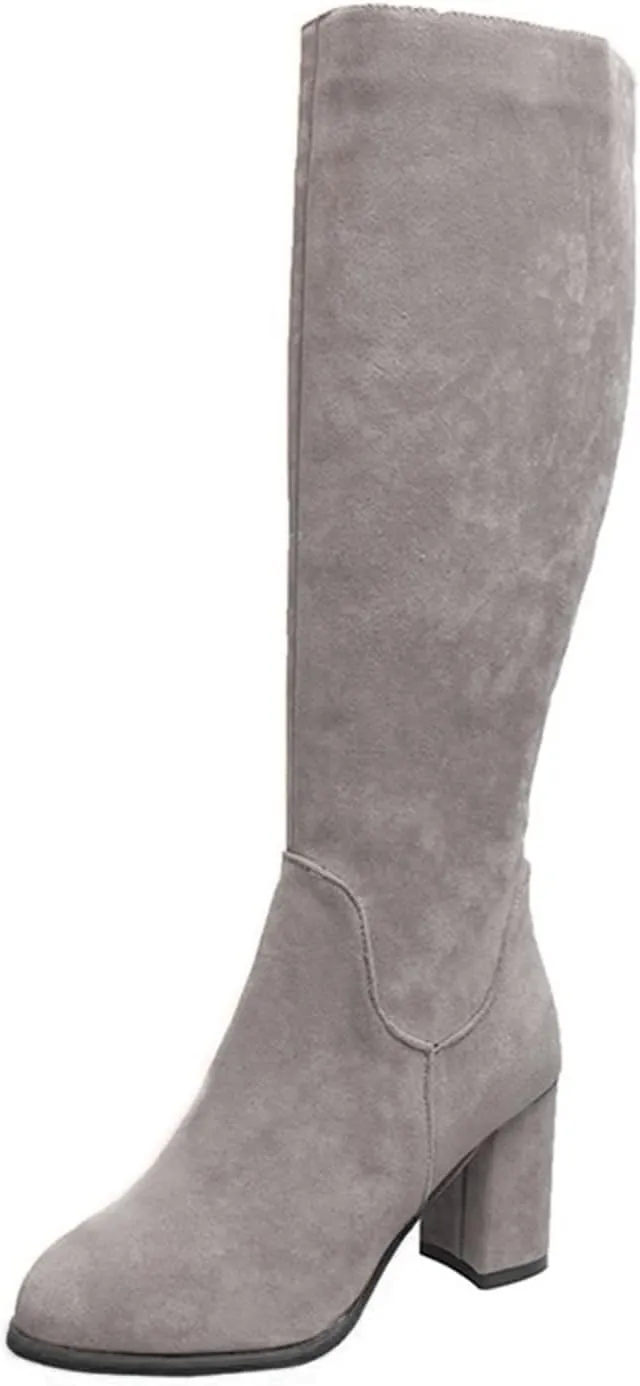 wodceeke Women's Knee High Suede Boots Round Toe Chunky Heel Winter Warm Boots Fashion Side Zipper Riding Boots