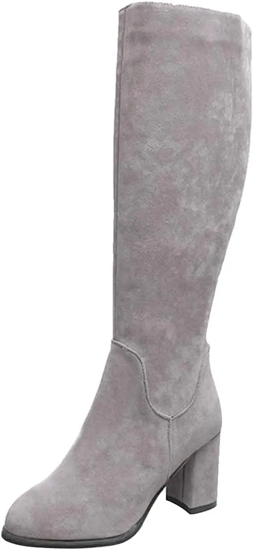 wodceeke Women's Knee High Suede Boots Round Toe Chunky Heel Winter Warm Boots Fashion Side Zipper Riding Boots