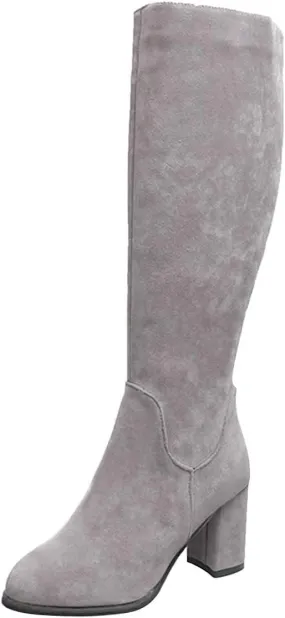 wodceeke Women's Knee High Suede Boots Round Toe Chunky Heel Winter Warm Boots Fashion Side Zipper Riding Boots
